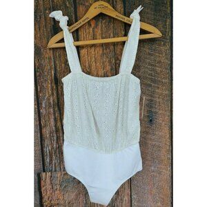 New Flynn Skye Karlie Bodysuit Womens M/L Off White Eyelet Tie Shoulders
